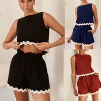Wholesales OEM Women's 2 Piece Beach Vacation Cropped Tank Top High Waist Shorts Set Tracksuit