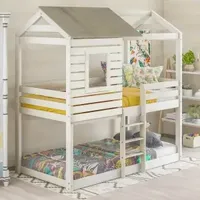 Twin Over Twin Bunk Bed Wood Loft Bed with Roof, Window, Guardrail, Ladder,For indoor bedroom furniture (Antique White)