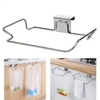 Kitchen Trash Rack Cabinet Door Garbage Bags Holder Stainless Steel Metal Wire Closet Hanging Grocery Bags Storage Organizer Holder Racks Bathroom Garage W0317