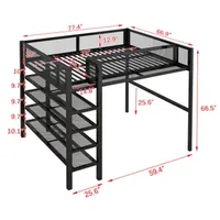 Full Size Metal Loft Bed w/ 4-Tier Shelves & Storage,Kids bed Teens bed w/ a full-length guardrail,heavy-duty metal slats,Black