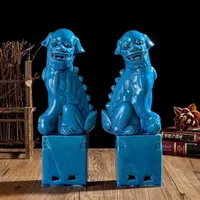 1 pair of Chinese Jingde Town ceramic tiles blue Foo Fu dog guardrail lion statue for desktop car decoration W241226