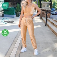 Women Quick Dry 2-piece Orange Velour Crop Tank Top and Loungewear Activewear Bottom Pant Tracksuit Jogging Set