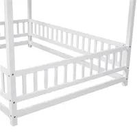 Full sized or to ceig wooden bed with roof frame, fence and guardrail, white