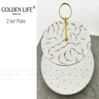 Modern Pattern Ceramic Fruit Plates Cake Banquet Pastry Tray Gold Color Metal Stand