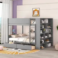 Full over Full Bunk Bed With 2 Drawers,Guardrail and Multi-layer Cabinet,Multifunctional bed suitable for Kids Teens bedroom