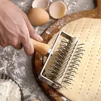 Stainless Steel Pastry Docker Roller Lattice Cutter Needle Pin Punch Pizza Dough Cutter with Wooden Handle Puncher Docking Tool 240729