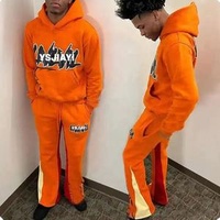 Winter Men Orange White Custom Print Applique Embroidery Boxy Crop Cropped Flare Pants Tracksuit Sweatpants Hoodies Set