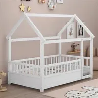 Double or wooden bed with roof frame and fence guardrail, white
