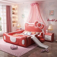 Environmental Material Red Leather Kids Girls Bed Princess Multifunction Baby Small Bed with Slide and Stairs Solid Wood Bed with Safety Guardrail