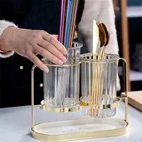 European Glass Chopsticks Home Kitchen Racks Golden Tableware Storage Box Drain Knife Fork Tools 211112