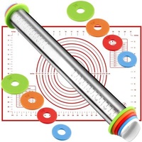 Viable Adjustable Pin with Thickness Rings and Pastry Mat Set for Biscuit Chapati Fondant Pastry Pizza Baking Pie Dough