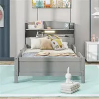 Wooden double platform bed with built-in LED lights, storage headboard and guardrail, antique gray