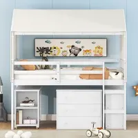 Twin Size bed,Loft Bed with Rolling Cabinet,1 Desk,Shelf and Tent,Kids bed with full-length guardrail,No spring box needed,White