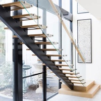 Simple Indoor Steel Stair Mono Stringer Straight Staircase Design Modern Stainless Steel Wood Handrail Stairs