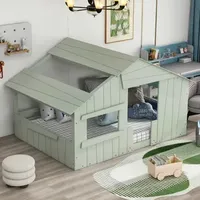 Wood Twin/Full Size House Bed with Roof, Window and Guardrail, adult and adolescent beds, single beds, children's beds
