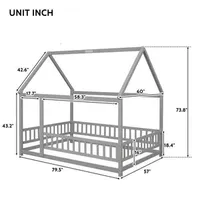 Full size or wooden bed with roof frame, fence and guardrail, grey