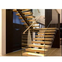 Stair Tread Steps and Tempered Glass Panel Handrail Modern Indoor Straight Wood Floating Staircase System