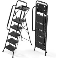 The ladder is a 5-level foldable ladder with a frame, safety handrails, and a wide non slip steel household