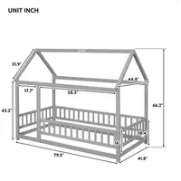 Double or wooden bed with roof frame, fence and guardrail, grey