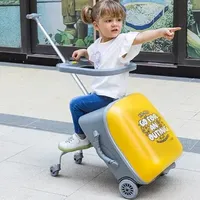 Yellow 20" Kids Suitcase Child Seat Pushable and Seatable Travel Large Capacity Trolley Case Expandable Luggage with Guardrail"