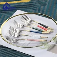 Garbo Jieyang Factory Wholesale Stainless Steel Pastry Fork with Gold and Blue Handle