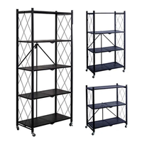 5 Layer Household Kitchen Racks Stainless Steel Shelf Stackable Folding Shelves Mobile Metal Foldable Storage Rack With Wheels