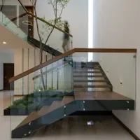 Straight Staircase Wooden Glass Stairs Powder Coated Black Top-Handrails