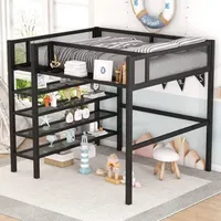 Full Size Metal Loft Bed w/ 4-Tier Shelves & Storage,Kids bed Teens bed w/ a full-length guardrail,heavy-duty metal slats,Black