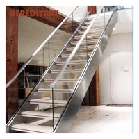 Hotel Mezzanine Light Luxury Home Wooden Step Handrail Stainless Steel Glass Straight Staircase