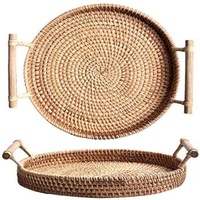 Sustainable Hand - Woven Rattan Round Serving Tray With Handles Bread Cake Pastry Basket