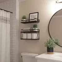 Floating Shelves with Wire Storage Basket Bathroom Shelves Over Toilet with Protective Metal Guardrail Wood Wall Shelves